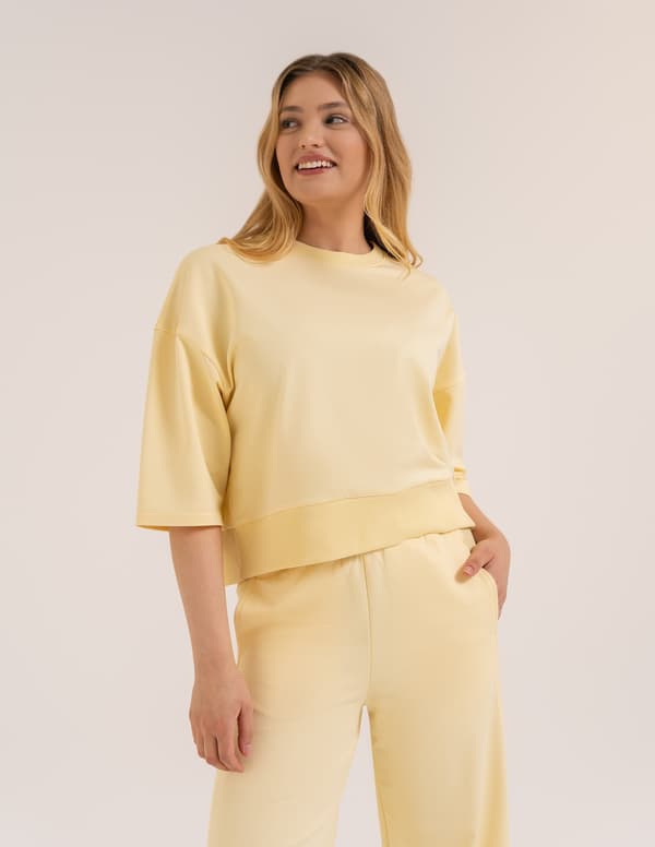 Damesweatshirt, glat, løs pasform, bomuld, hætteløs, MORAJ M GUL
