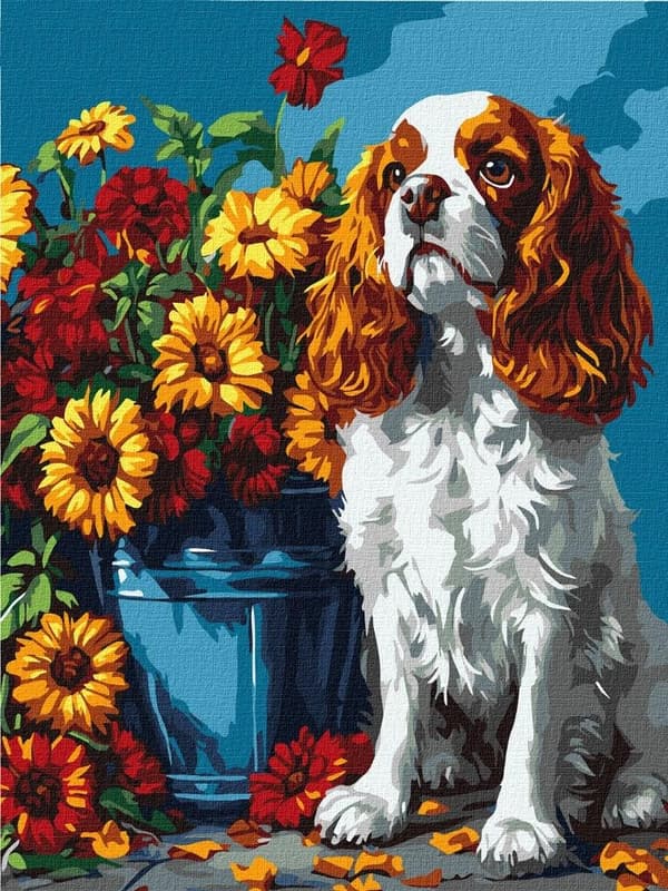 Målning med siffror - Spaniel och blommor 30x40cm