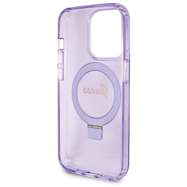Guess Ring Stand Script Glitter MagSafe -kotelo iPhone 13 Pro Maxille, violetti