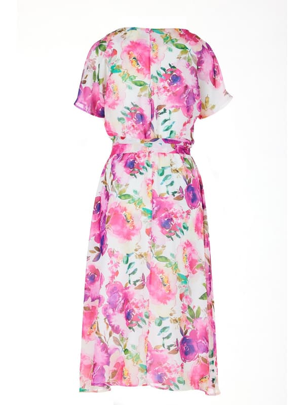 Kimono midikjole med korte ærmer, lyserøde blomster M