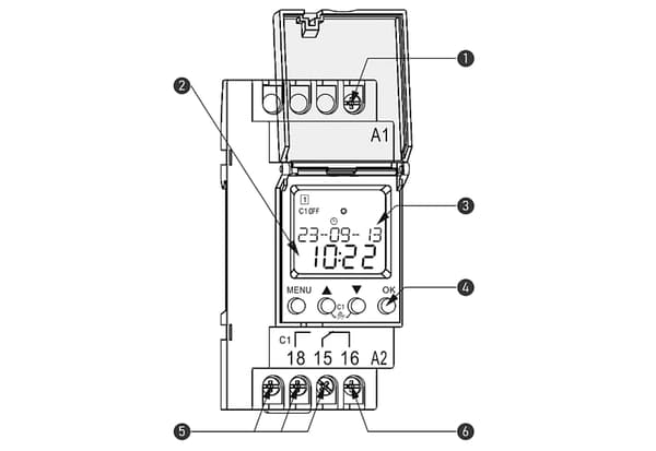 Elektronisk timer med LCD-display för DIN-skena