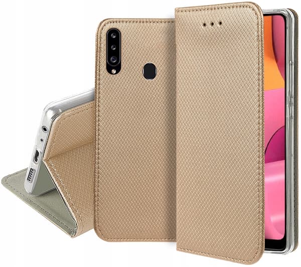 SMART MAGNET BOOKHOLSTER för Samsung Galaxy A20S GULD + GLAS