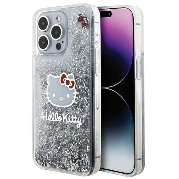 Hello Kitty Liquid Glitter Charms Kitty Head cover til iPhone 15 Pro Max, sølv/sølv