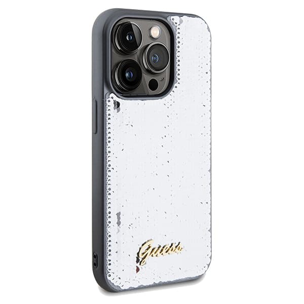 Guess Sequin Script Metal -suojakuori iPhone 14 Pro Maxille, hopea/hopea