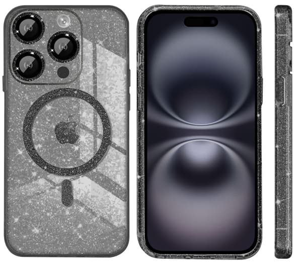 iPhone 16 Pro -kotelo, ERBORD Glitter MagSafe, musta + näytönsuoja