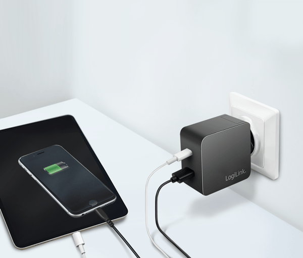 Dobbelt USB-opladeradapter, USB-A/C vægoplader, 45W, sort