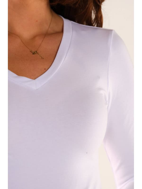 Basis bomuldsbluse med V-hals, hvid L