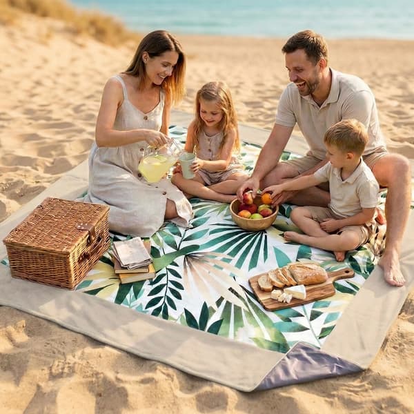 Picknickfilt - strand - bomull - "Eukalyptus på grått" - 180x200