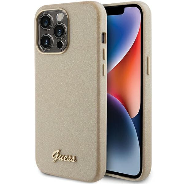 Guess Glitter Glossy Script cover til iPhone 15 Pro Max, guld/lys guld