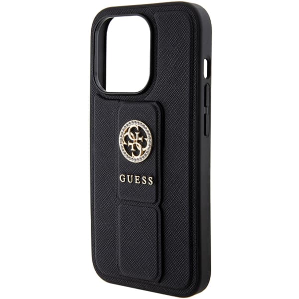 Guess Grip Stand 4G Saffiano Strass-etui til iPhone 15 Pro Max, sort