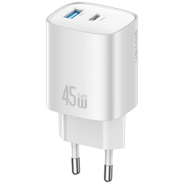 USAMS CC290 T66 45W GaN Vægoplader 1xUSB-A 1xUSB-C Sølv