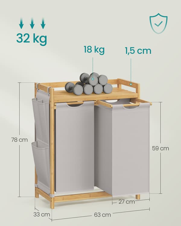 Bambuinen pyykkikori 2 x 50 l harmaa