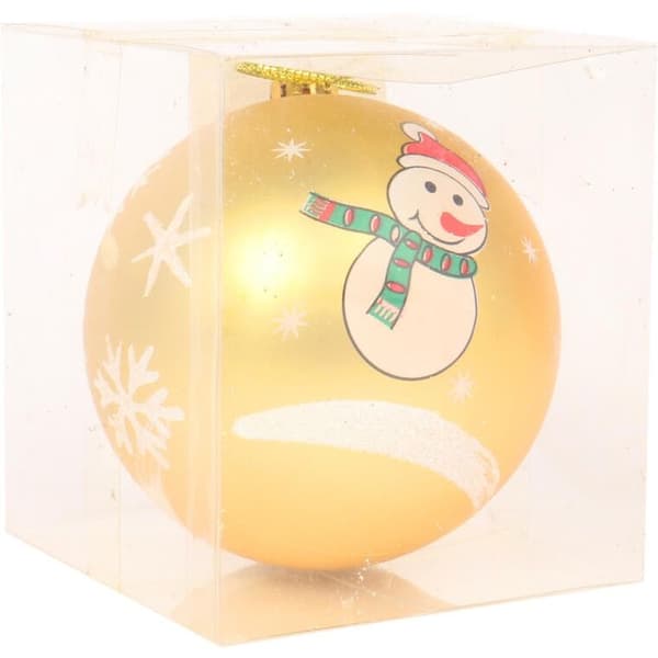Guldfärgad julkula med snögubbemotiv, plast, 8 cm