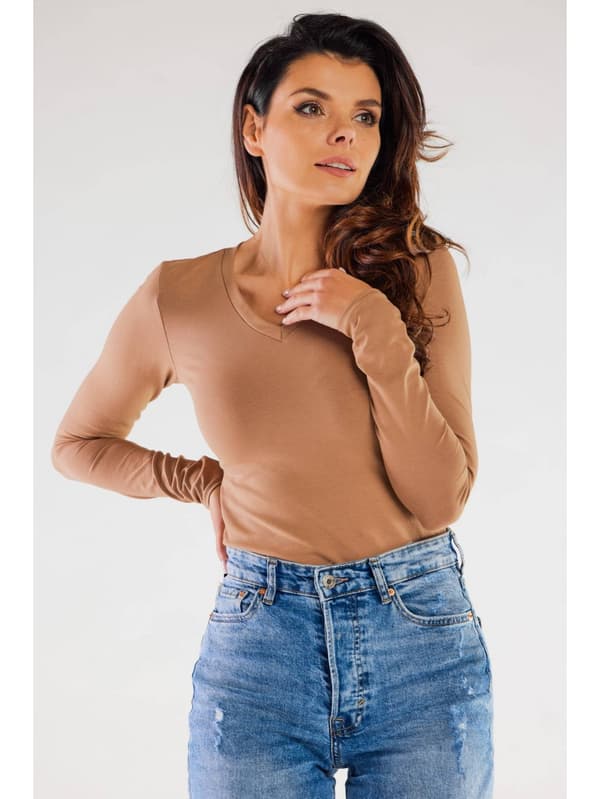 Basis bomuldsbluse med V-hals, beige M