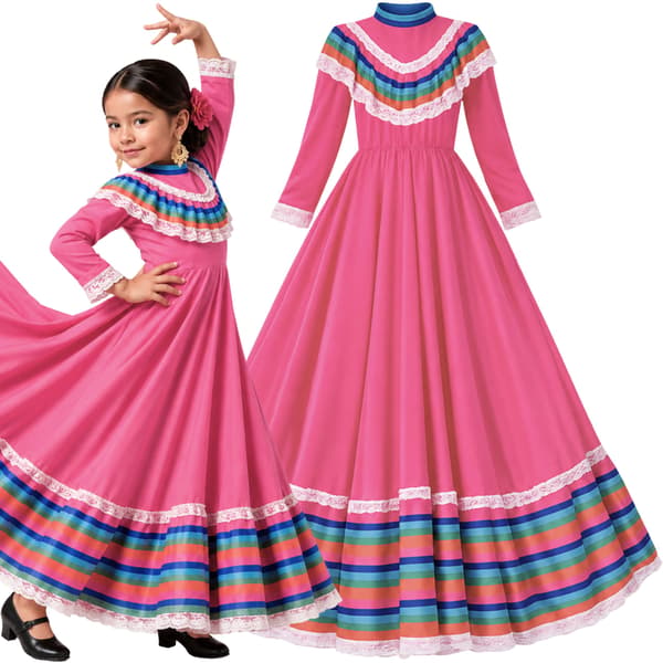 Mexicansk kvindekostume til dans i rosa 134-140 cm