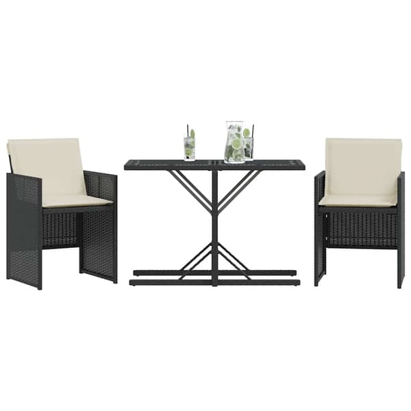 vidaXL 3-delt bistrosæt med hynder, sort, polyrattan