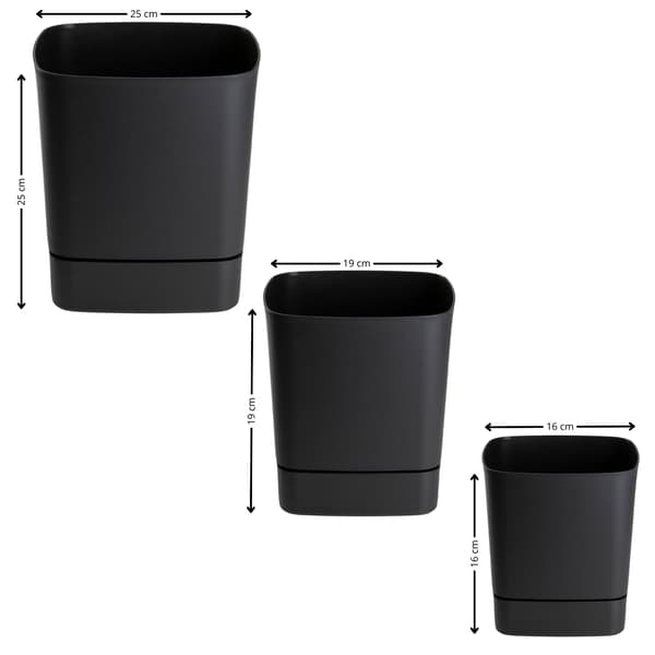 Sæt med CUBI sorte urtepotter med underkopper i genbrugsmateriale, 3 stk.
