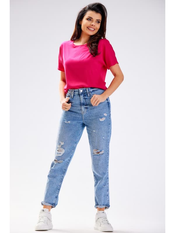 Kimono viskosebluse med korte ærmer, fuchsia M