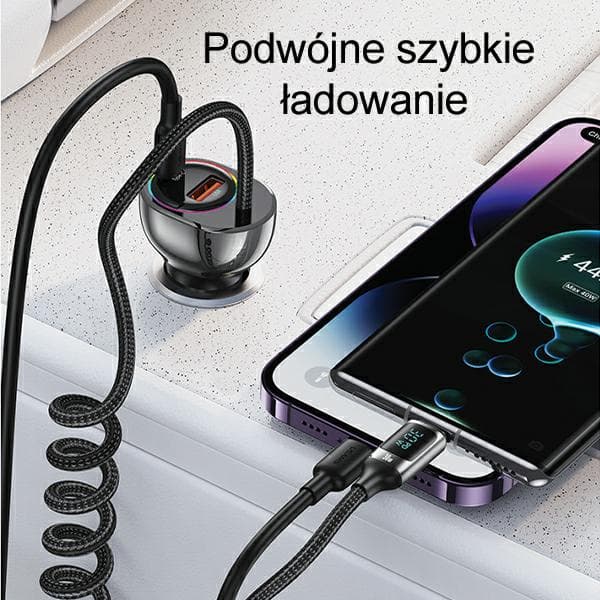 USAMS C37 Biloplader 1xUSB+1xUSB-C 60W + USB-C 30W PD+QC Hurtigopladerkabel Sort