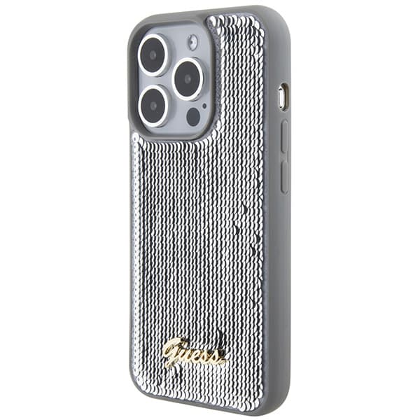 Guess Sequin Script Metal -suojakuori iPhone 15 Pro Maxille, hopea/hopea