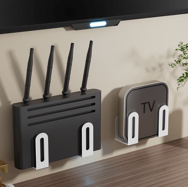2x Vægophæng til router, dekoder, wifi-modem + monteringslim (creme)