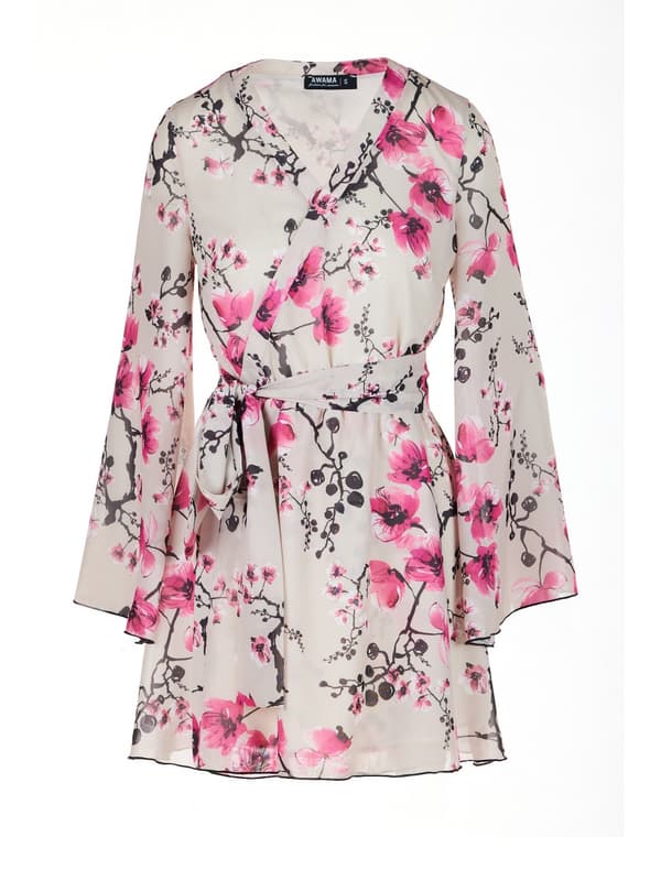 Miniklänning med omlottringning, kimono, körsbärsblommönster S