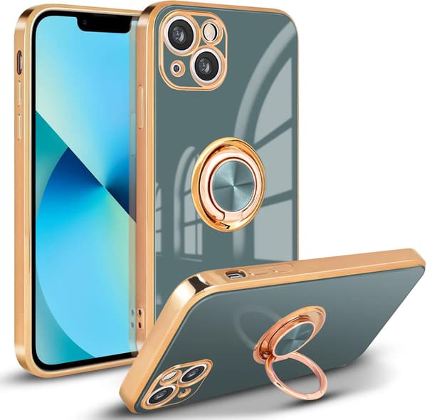 iPhone 13-skal grått silikon med ringmagnet glansigt 360°