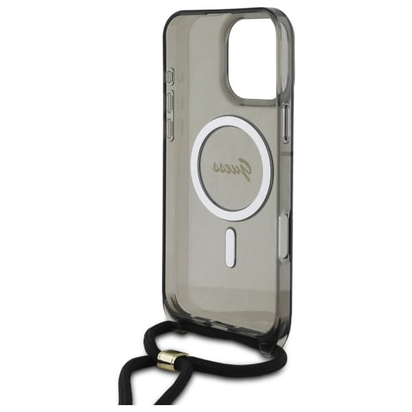 Guess Crossbody Cord Script MagSafe -kotelo iPhone 16 Prolle, musta
