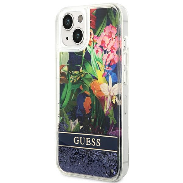 Guess Flower Liquid Glitter cover til iPhone 14, blå