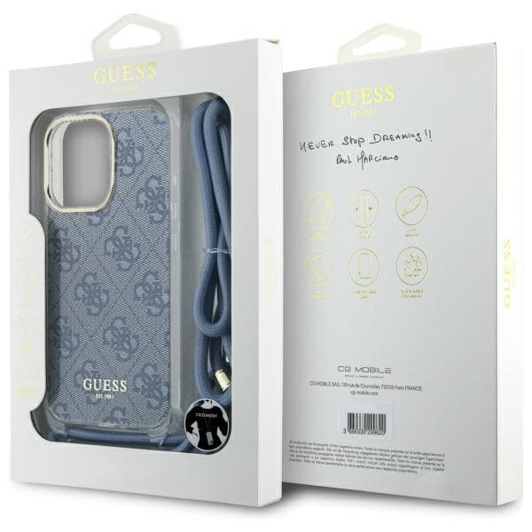 Guess Crossbody Cord 4G Print-etui til iPhone 16 Pro Max, blå