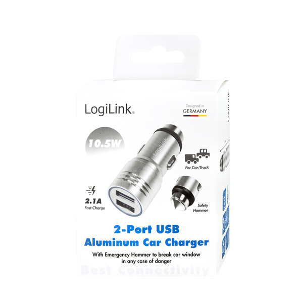 Logilink 10.5W USB-billaddare med nödhammare 2xUSB 5V/2.1A