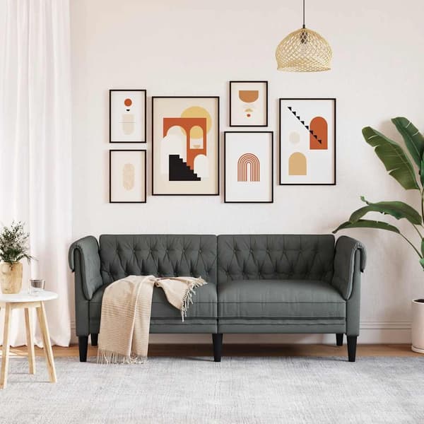 vidaXL Chesterfieldsoffa, 2-sits, mörkgrå, tygklädsel