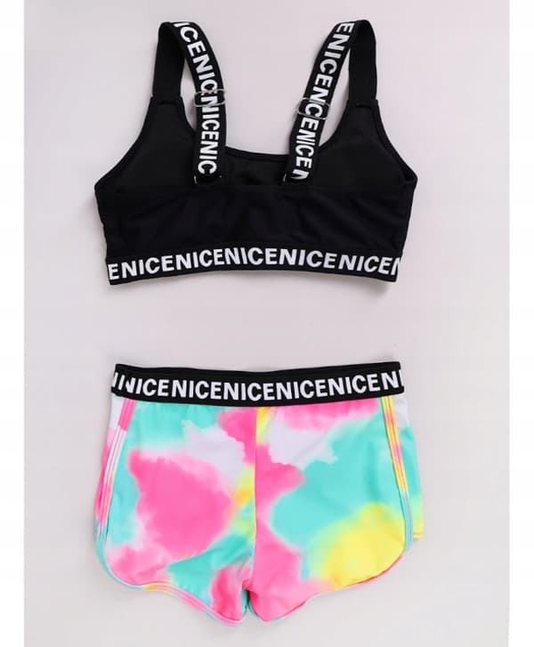 Todelt badedragt, sort top, neon shorts 128/134