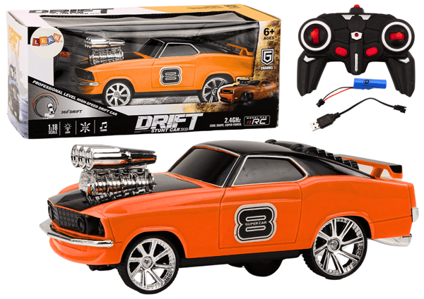 Fjernstyret bil 1:18 Drift 360 lys lyder orange