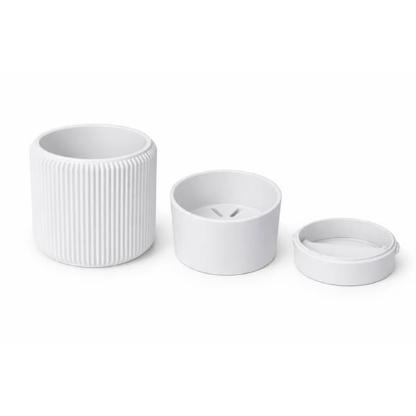 Vit blomkruka med lock och dold droppbricka, minimalistisk