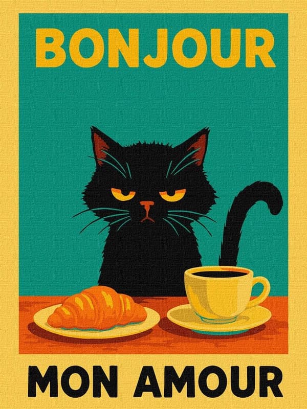 Maleri efter tal - Plakat. Morgen med en killing