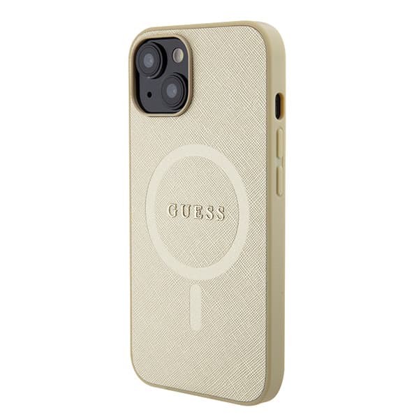 Guess Saffiano MagSafe-etui til iPhone 15 Plus, guld