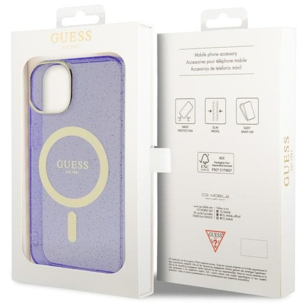 Guess Glitter Gold MagSafe-etui til iPhone 14 Plus, lilla