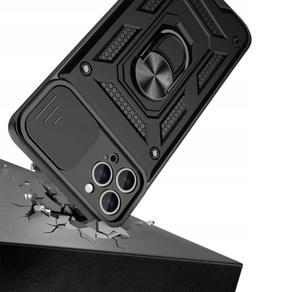 iPhone 14 Pro -kotelo, Armor Slide Ring, musta + lasi