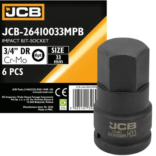 JCB Slagbittop 3/4" 38 mm 6-punkts Cr-Mo topnøgle