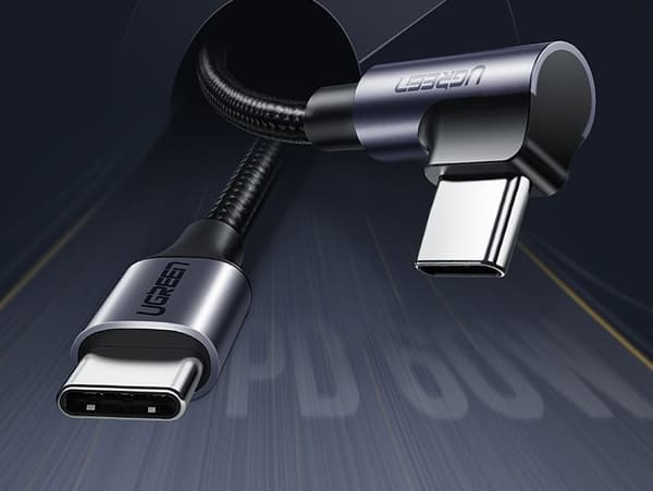 Vinklet USB-C strømforsyningskabel 60W 20V 3A 2m sort-grå