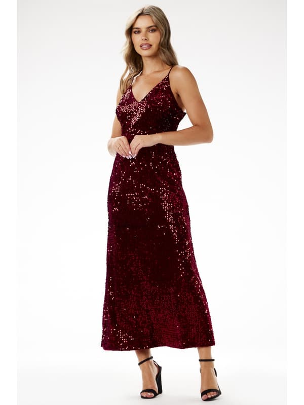 Paillette maxi aftenkjole med stropper, bordeaux M