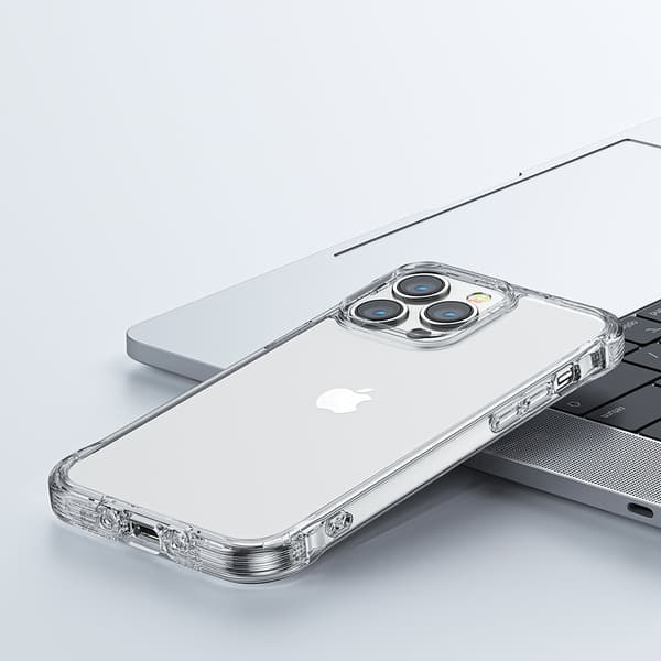 iPhone 14 Plus -suojakuori, jossa koukut ja läpinäkyvä jalusta