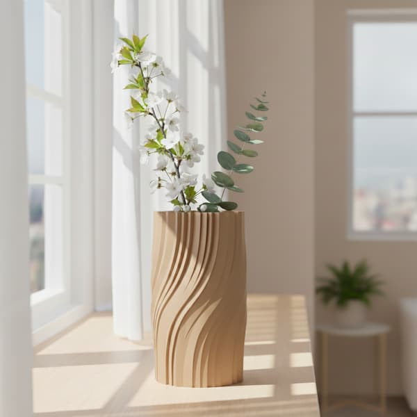 Dekorativ vas, veckad, beige, modern, vågstruktur