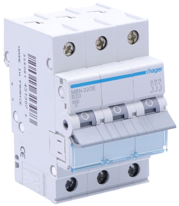 Sikringsafbryder 3P B 20A 6kA TYPE AC til HAGER-skinne