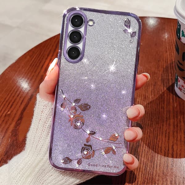 Samsung Galaxy S23+ Plus-skal, Glitterblomma, Lila