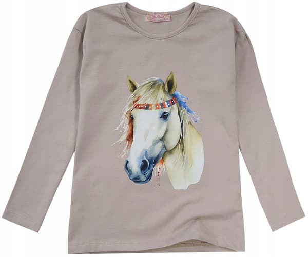 Pigebluse bomuld langærmet hest lattebeige 134