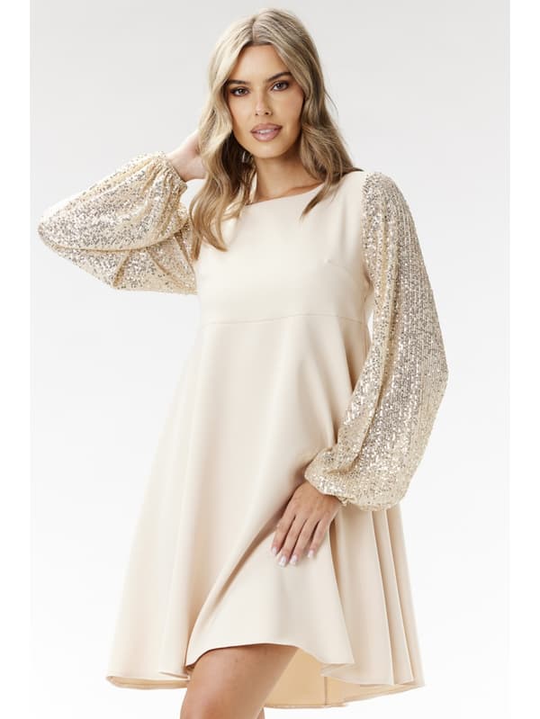 A-formet minikjole med pailletterede ærmer, beige M