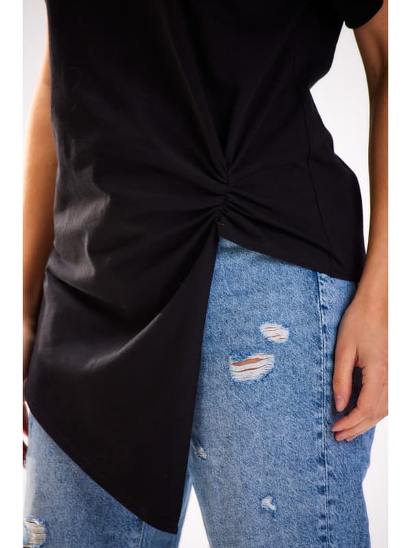 Asymmetrisk bomuldsbluse med korte ærmer, sort L/XL