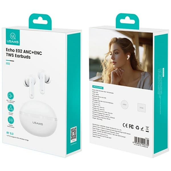 USAMS Echo E02 TWS ANC+ENC Langattomat Bluetooth-kuulokkeet, valkoinen